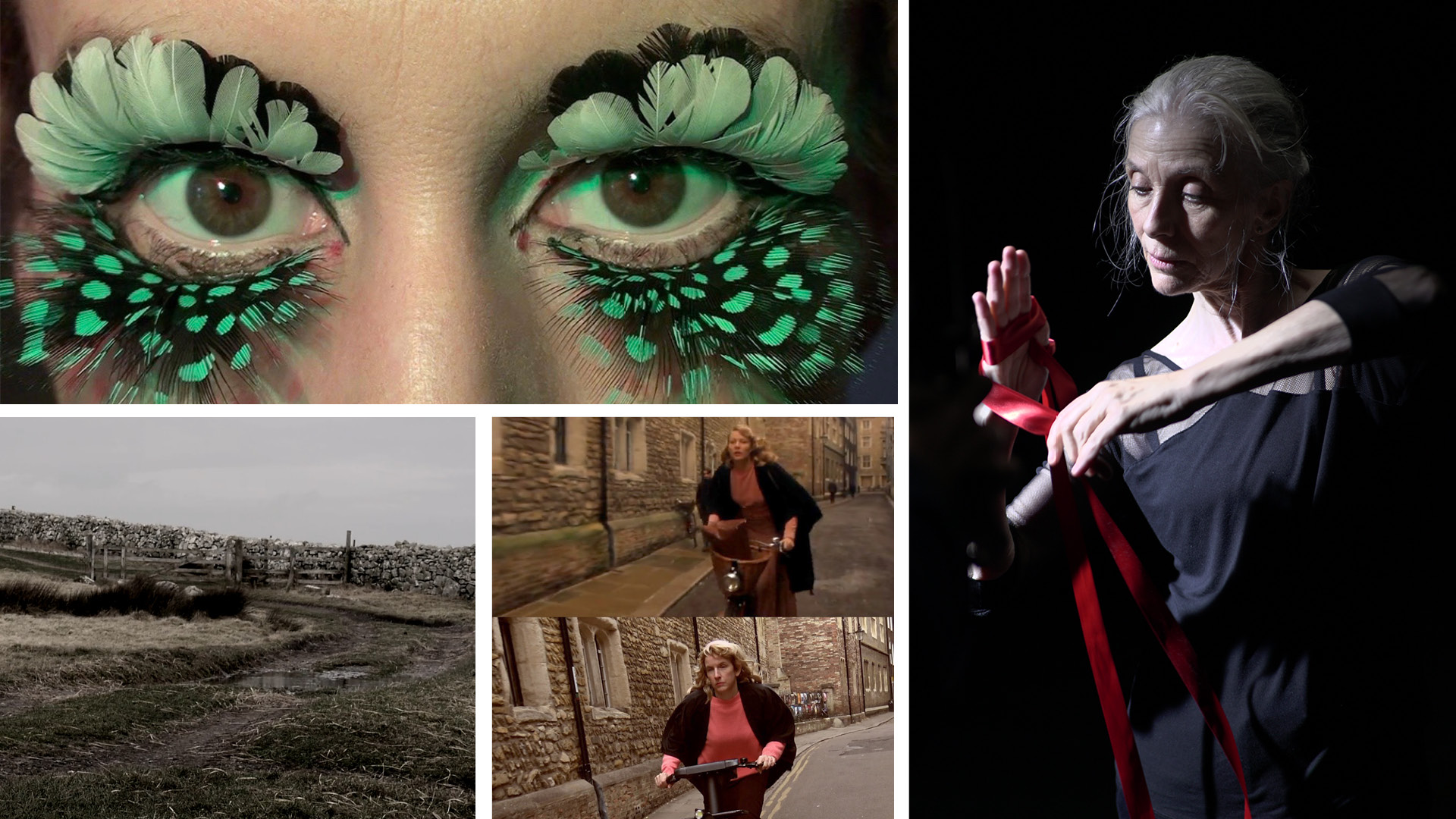 Collage of film stills including eyes with bird feather lashes and a person cycling down a Cambridge lane.