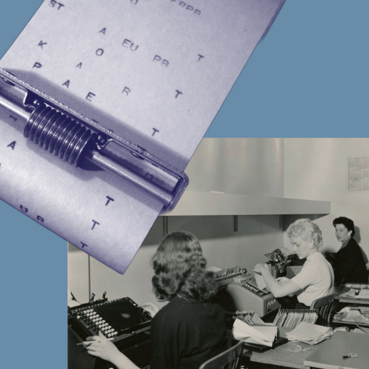 Three women working at shorthand machines, and Stenograph Tape