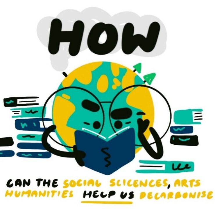 Cartoon of a globe reading a book with the text'How' above it and the text' can the social sciences, arts and humanities help us decarbonise?' below it.