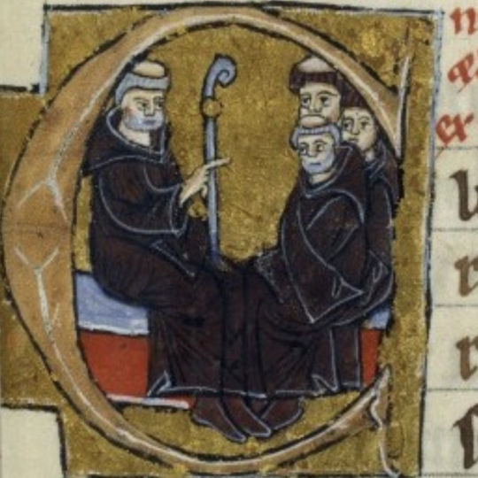 Medieval drawing depicting three monks listening to another monk talking.