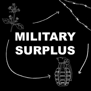 Sketches of a plant, a grenade and barbed wire, connected by arrows. Text reads: Military Surplus.