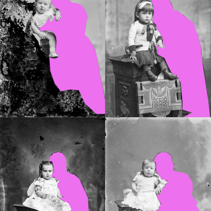 Outline of wet-nurses, cut out of old black and white photos with infants sitting on pillars