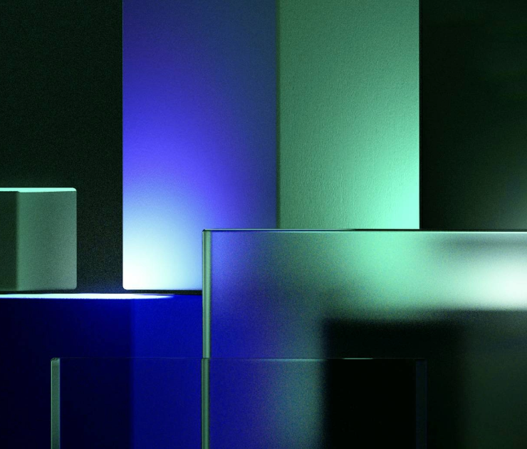 Transparent blocks with coloured lights behind.