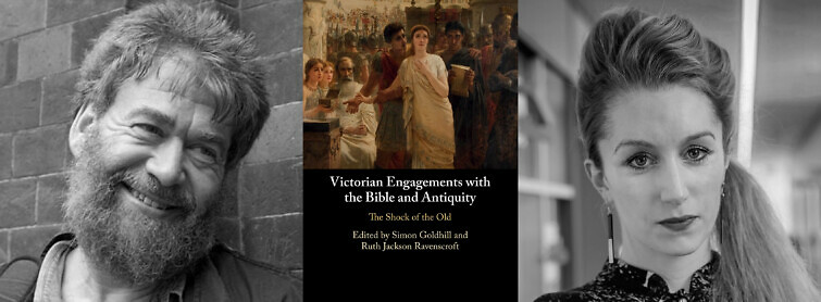 Portraits of Simon Goldhil and Ruth Jackson Ravenscroft alongside the cover of their book.