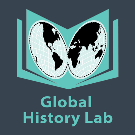 Global History Lab logo with open book with world maps.