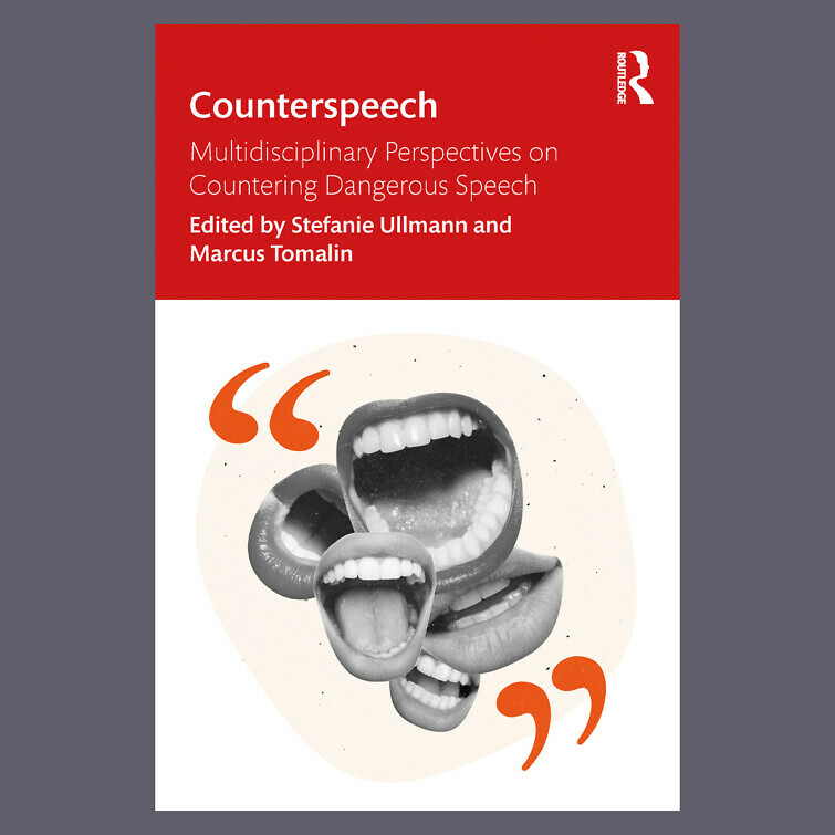 Counterspeech book cover with collage of open mouths between quotation marks.