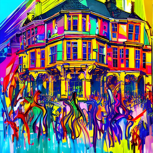 Multicoloured abstract picture of a building with people in front of it