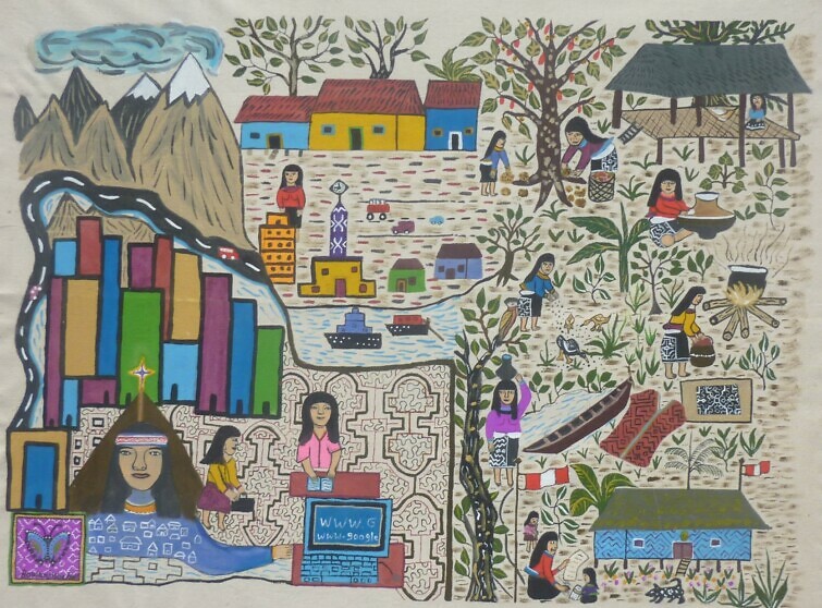 Drawing of Amazonian people, mountains, houses, trees